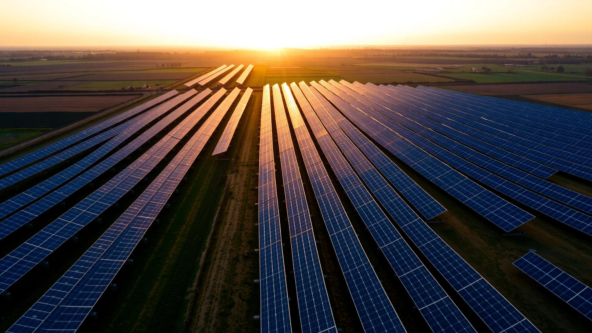 Utility-scale solar farm at sunrise